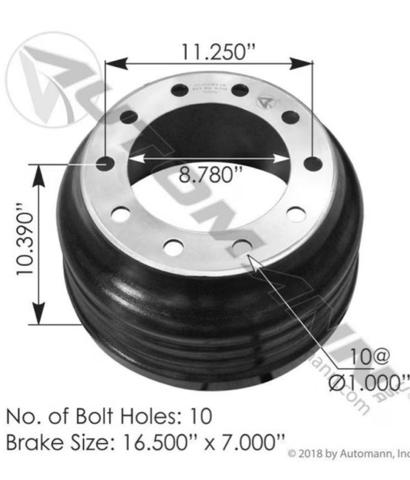 151.6700BA, Automann, BRAKE DRUM 16.5X7 - 151.6700BA