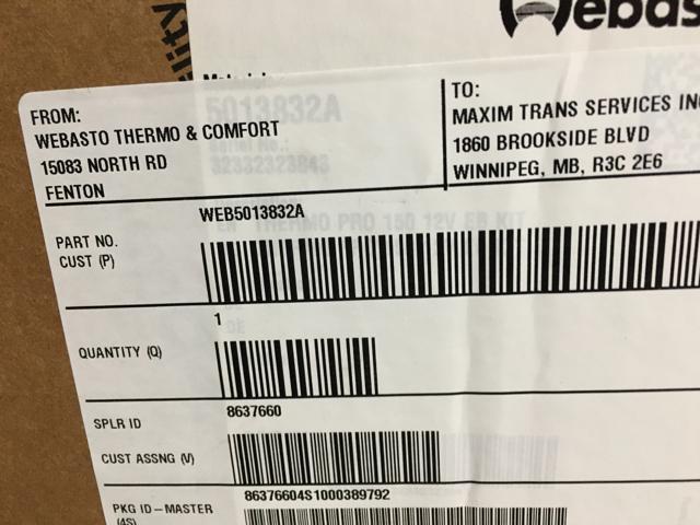 WEB5013832A, Webasto, THERMO PRO 150 12V EB KIT 50,000 BTU - part number WEB5013832A