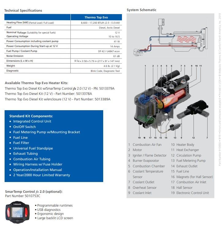 WEB5013378A, Webasto, THERMO TOP EVO ENGINE OFF COOLANT HEATER - 12 VOLT TRUCK KIT W/SWITCH - WEB5013378A