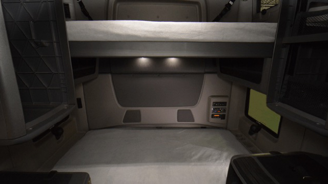 Photo of the inside of an International LT Sleeper Truck